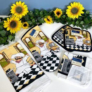 Chef In The Kitchen Oven Mitt 2 Pot Holders‎ Kitchen Towel 2 Dish Cloths 6Pc Set